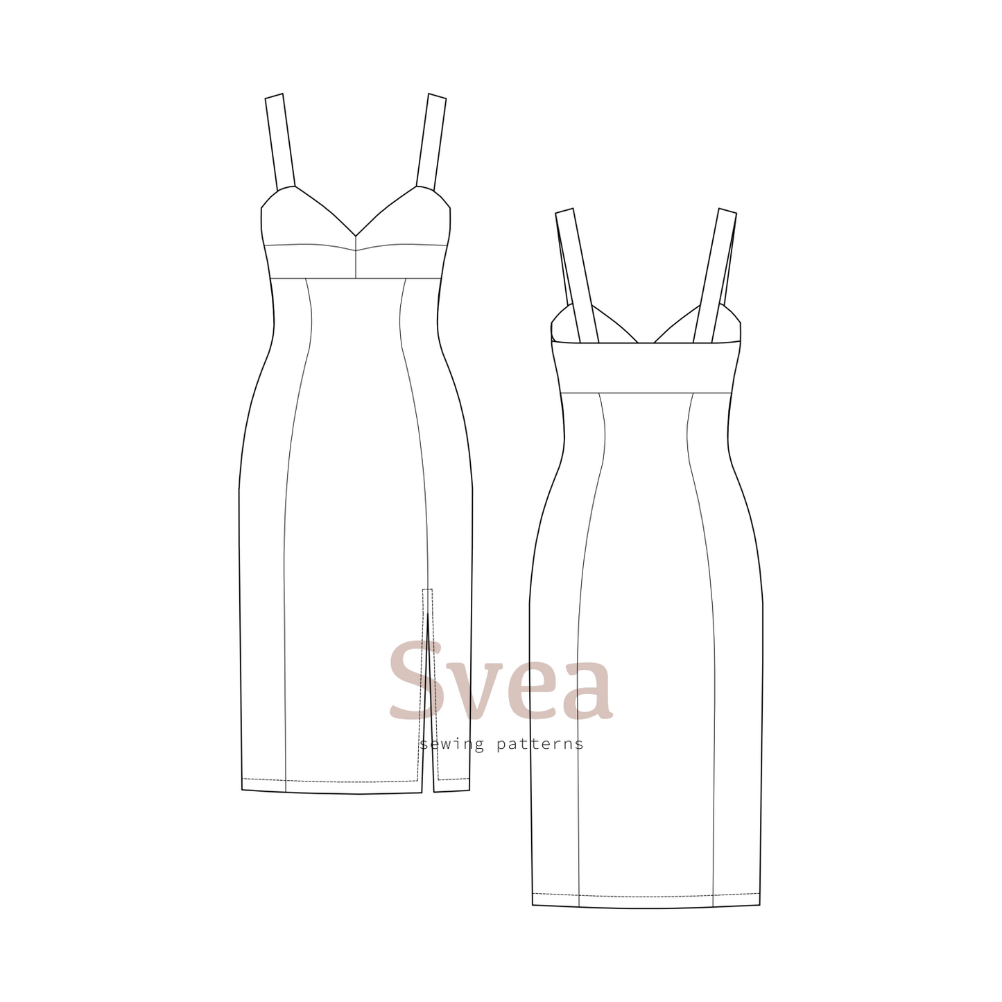 Claudine dress sewing pattern flat drawing