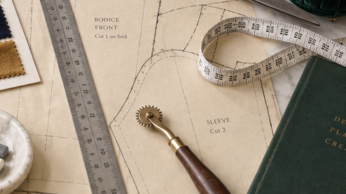 Sewing pattern, measuring tape and a tracing wheel on a desk in a sewing room