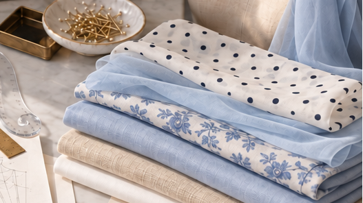A pile of fabric and sewing supplies on a desk in a sewing room